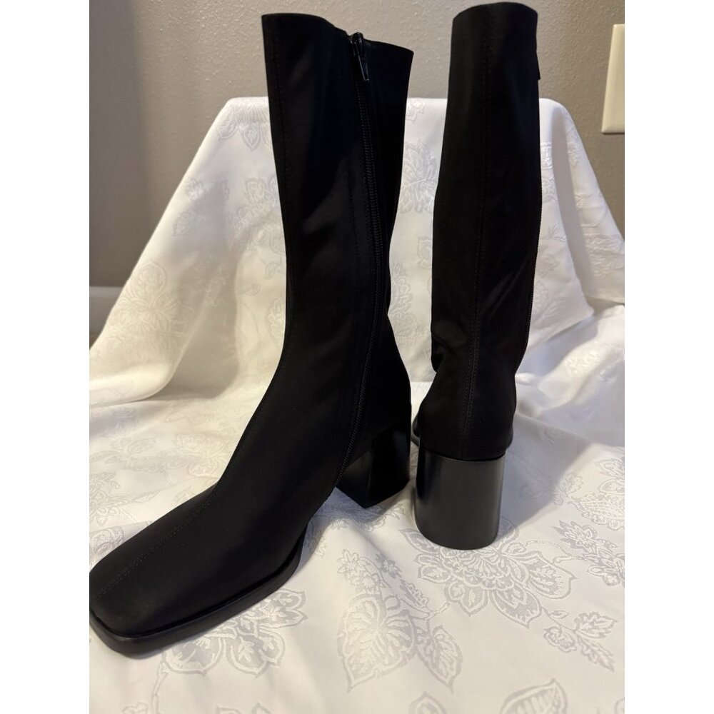 JEFFREY CAMPBELL 7 Black Block Heel Boot Bootie Stretch Mid Calf NEW - Picture 4 of 16